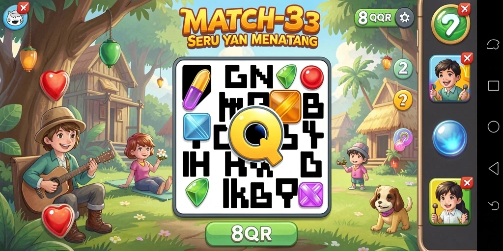 Tampilan utama gameplay 8QR dengan suasana menarik dan warna cerah.