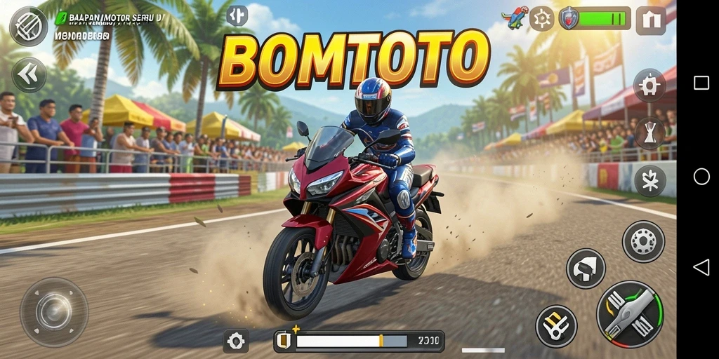 Screenshot BOMTOTO menampilkan aksi balapan motor yang penuh kecepatan.