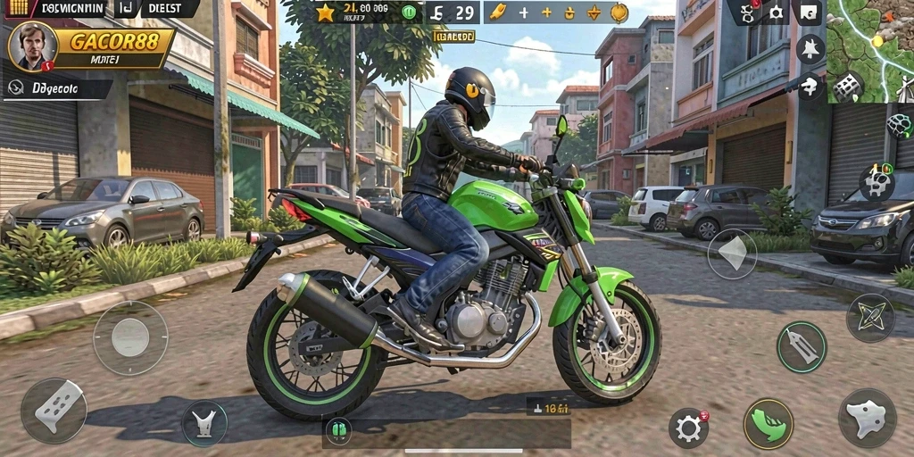 Tampilan gameplay seru di trek balap motor GACOR88.