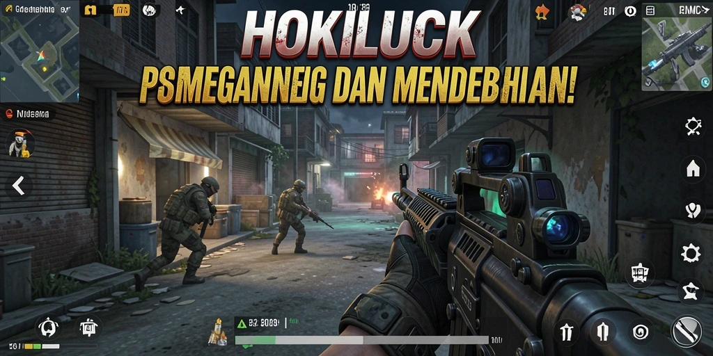 Tampilan gameplay HOKILUCK yang penuh aksi dalam pertempuran FPS.