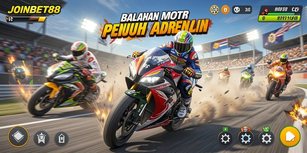 Tampilan gameplay menegangkan di JOINBET88 saat balapan motor.