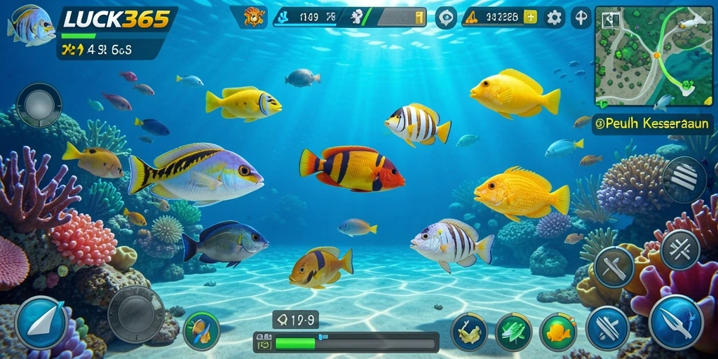 Tampilan gameplay Tembak Ikan yang menarik dan penuh warna.