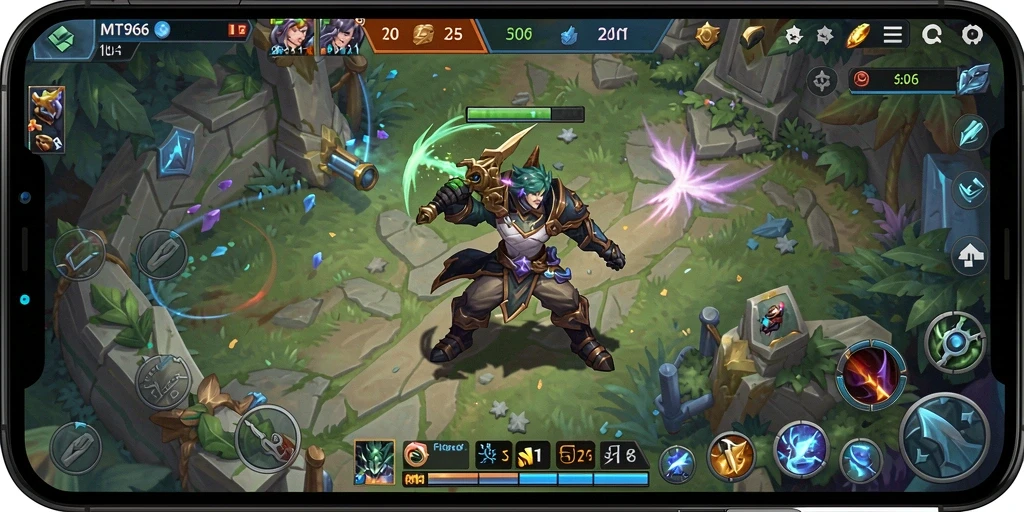 Tangkapan layar utama <strong>MT966</strong> menampilkan aksi seru di medan perang MOBA.