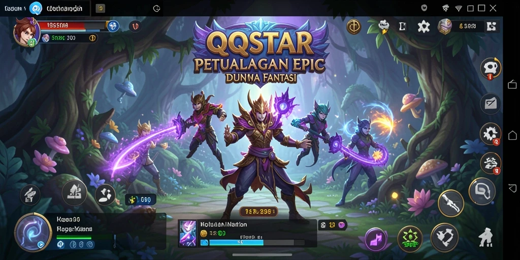 Screenshot gameplay QQSTAR yang menampilkan aksi pertarungan epik di dunia fantasi.