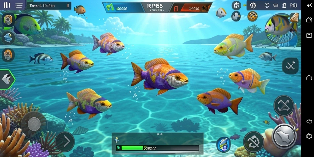 Screenshot utama RP66 menampilkan aksi menangkap ikan yang seru.