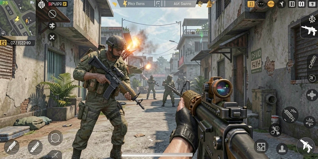 Tampilan gameplay RPVIP3 dengan aksi menembak yang intens.