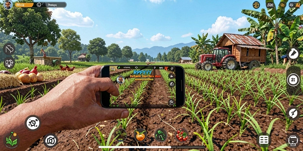 Tampilkan gameplay seru dalam RPYYY yang menggambarkan pertanian.