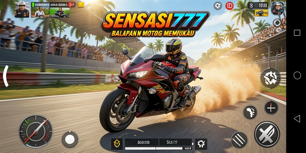 Gameplay SENSASI777 menampilkan aksi balapan motor yang mendebarkan.