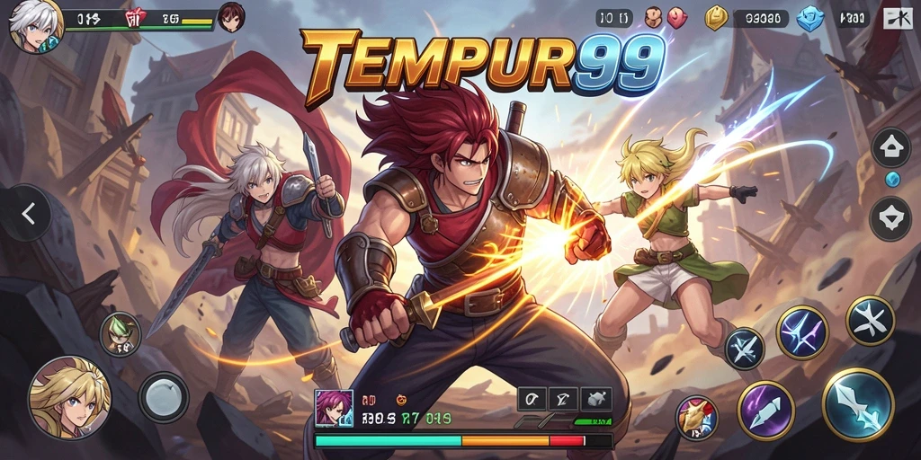 Tampilan gameplay seru di TEMPUR99 dengan aksi anime mendebarkan.